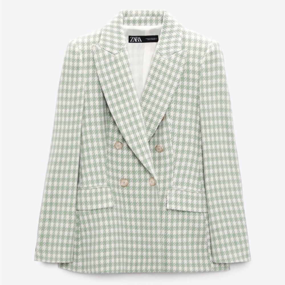 Zara green houndstooth blazer jacket sz L
